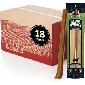 Redbarn Pet Products All-Natural 12" Large Bully Sticks for Dogs - Premium Grain-Free & Rawhide-Free Single Ingredient Long Lasting Low Odor Dental Treat for Chewers - 18 Count EXP: 12-03-28