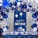 Blue Birthday Decorations for Men Women, Happy Birthday Decorations for Boys Girls Navy Blue Happy Birthday Door Banner, Tablecloth Foil Backdrop Star Balloons Arch for Mens Bday Party Supplies