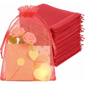 Crweety 50PCS Red Organza Bags 8x12, Large Mesh Bags Drawstring for Gifts Treats Wedding Favors Goodie Makeup Soap Sachet, Large Mesh Gift Bag Bulk for Birthday Mother's Day Baby Shower Party Favors