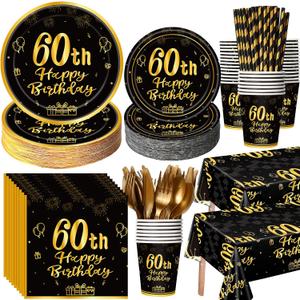 Funnymoom 452 Pcs 60th Birthday Party Decoration Supplies Black and Gold 60th Birthday Paper Plates and Napkins Cups Tablecloth Cutlery Straws Disposable Tableware for Cheers to 60 Years Anniversary