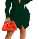 Women's Casual Long Sleeve Button Down Shirts Mini Dress Sexy V Neck T-Shirts Tops Loose Collar Long Blouse Wrap Dress (XX-Large, Dark Green)