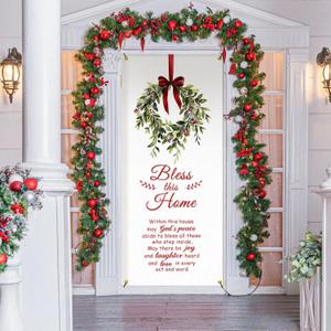 Christmas Door Cover Banner, Bless This Home Christian Xmas Wreath Door Decorations Doorway Curtains Backdrop Background for Indoor Outdoor Winter Holiday Party Decor, 35 * 79 Inch