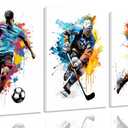 3Pcs Soccer Graffiti Canvas Wall Art Baseball Lce Hockey Pictures Wall Decor Physical Education Player Posters Prints Paintings for Teenagers Children'S Room Sports Enthusiasts Home Decoration (12x16in)