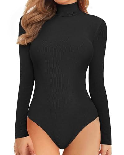 MANGOPOP Long Sleeve Bodysuits for Women Mock Turtle Neck Ribbed Body Suit Tops Medium