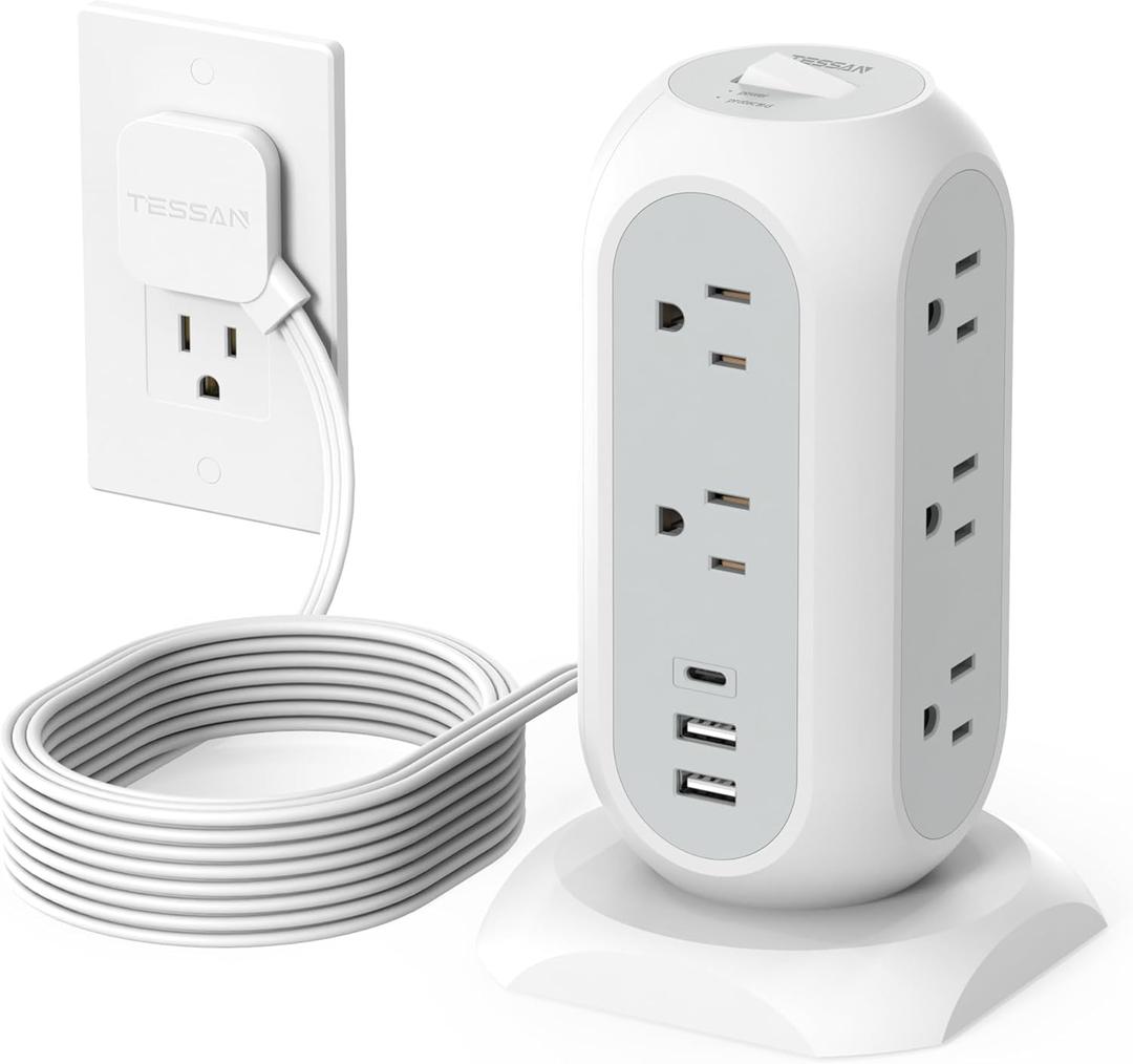 Surge Protector Power Strip Tower 10 Ft, TESSAN Flat Plug Extension Cord with 11 AC Outlets 3 USB Ports (1 USB C), 1050J Protection Charging Station for Home, Office Supplies, Dorm Room Essentials (White)