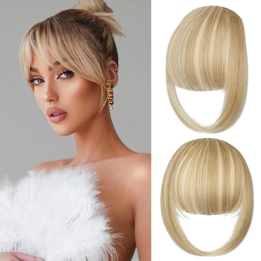 Bangs Hair Clip in Bangs,Thick French Clip in Hair Extensions Wispy Fake Hairpieces for Women Fringe with Temples for Daily Wear Light Blonde Mix Bleach Blonde