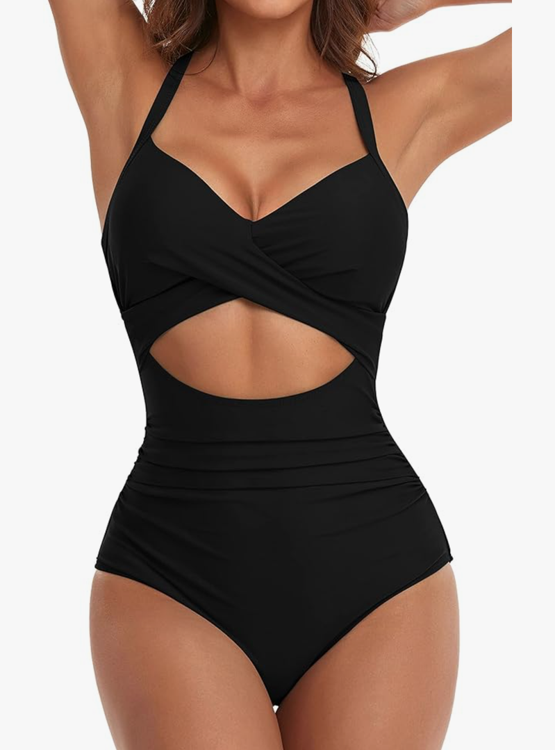 Eomenie Women's One Piece Swimsuits Tummy Control Cutout High Waisted Bathing Suit Wrap Tie Back 1 Piece Swimsuit, Medium