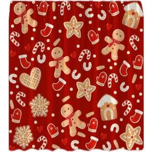 Christmas Shower Curtain Gingerbread Cookies House Cute Cratoon Snowflake Winter Holiday Happy New Year Bath Curtain with Hook (70"W x 70"L (Pack of 1), Red Brown)