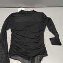 SAUNGKUAI Women's Mesh Long Sleeve Bodysuit Mock Neck Ruched Sheer Thong Body Suits Fall Outfits (Black) Small