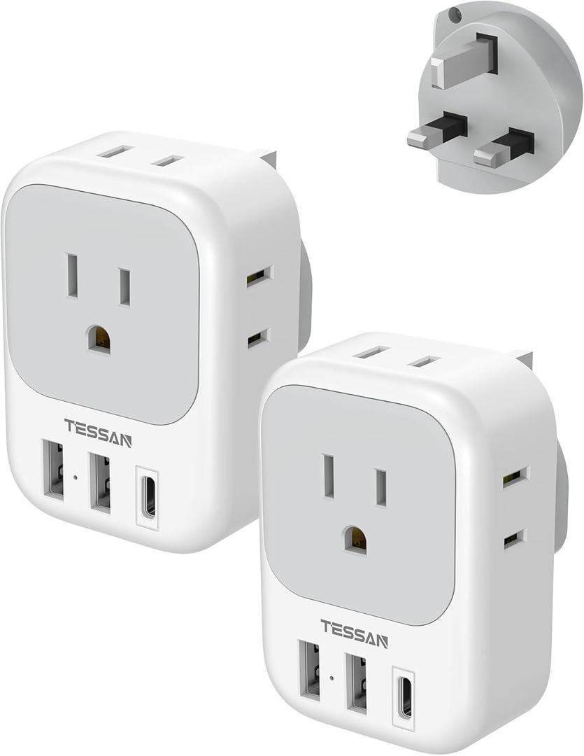 UK Adapters for Travel 2 Pack, TESSAN Type G US to UK Plug Adapter with 4 Outlets 3 USB Charger(1 USB C Port), Power Adaptor for USA to Ireland Scotland Dubai Hong Kong England British Kenya London