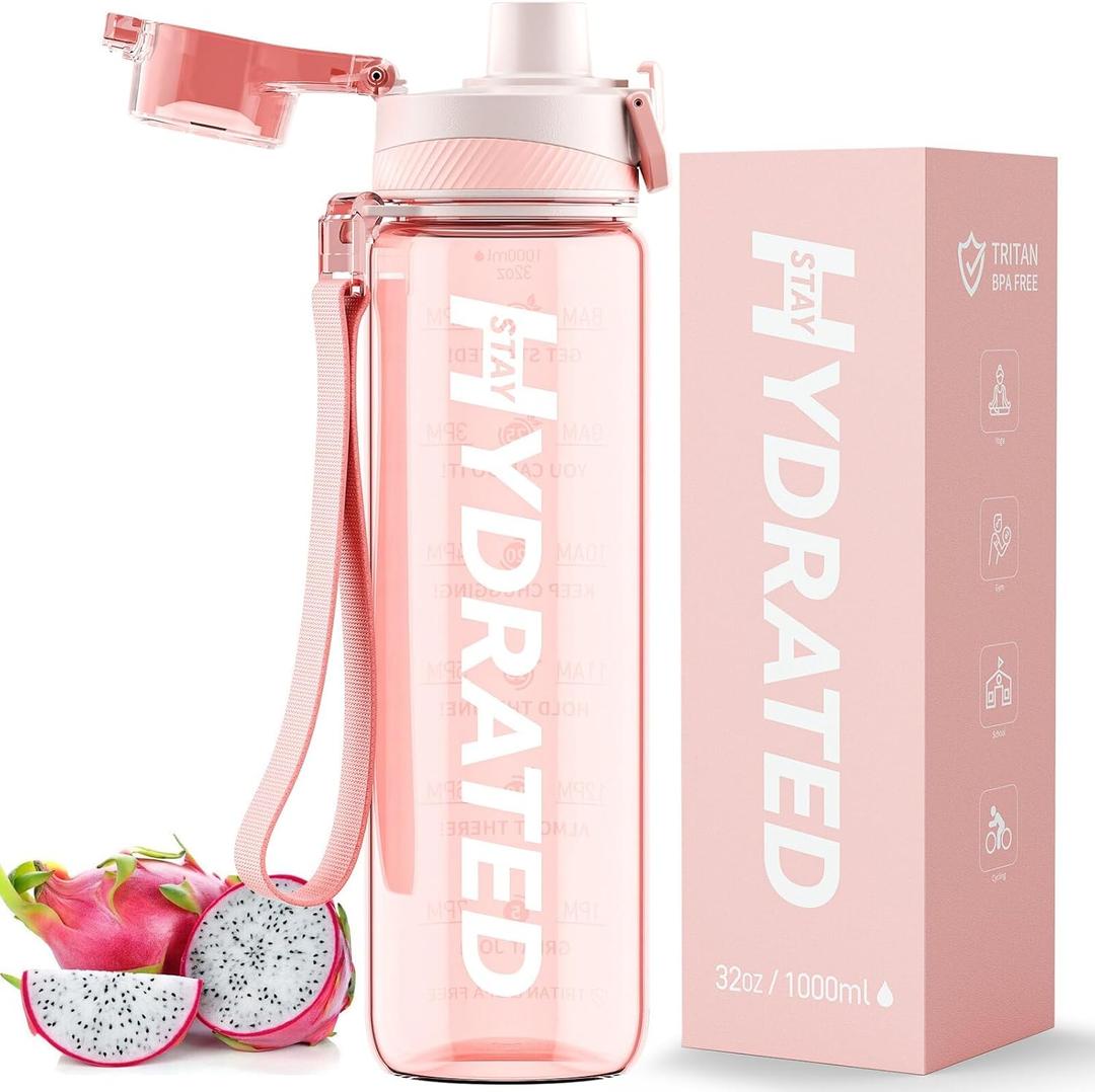 Water Bottle, 32 oz Motivational Water Bottles with Time Marker-Tritan & BPA Free, Sports Water Bottle with Time to Drink & Strap, Wide Mouth, Leakproof -Gift for Christmas Gym Fitness & Outdoor (33.8 Ounces, Rose Pink)