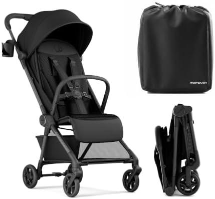 Mompush Nexis Carbon Fiber Lightweight Travel Stroller, Carry-On, Black | Lightweight Travel Stroller For Airplane, Compact Auto-Fold, One-Hand Recline, XL Basket, Cup Holder, Rain Cover Included