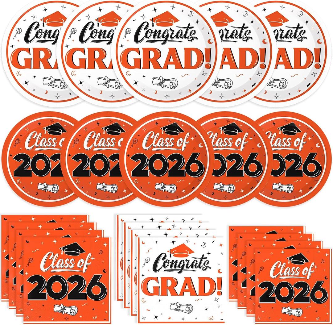 Graduation Decorations 2026, 200 Pcs Class of 2026 Graduation Party Supplies Kit with Paper Plates, Luncheon and Cocktail Napkins, Congrats Grad Decorations for 50 Guests (Orange)