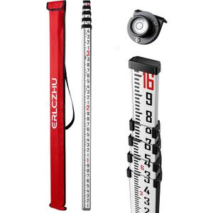 16 FT Sided Aluminum Grade Rod, 5 Sections Telescopic Measuring Rod, Double-Sided Scale Grade Stick, 10ths Grade Rod Telescopic Rectangular Leveling Rod with Bubble Level and Lock Button