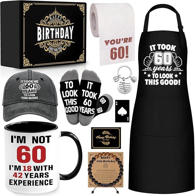 60th Birthday Gifts for Men Coffee Mug Set, 60th Birthday Party Supplies, Turning 60 Gift with 11 Oz Ceramic Cup Baseball Cap Apron Sock Bracelet Toilet Paper Keychain for Him, Dad, Husband, Friends