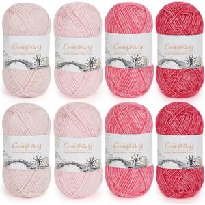 Coopay Yarn for Crocheting and Knitting - 78% Cotton 22% Acrylic - 8 Pack of 50g/1.76oz (CYC #2) - Soft Crochet Yarn Cake, Vibrant Color for Toys, Sweaters, Scarves, Hats - Beginner Friendly (Pink)