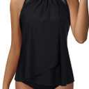 SUUKSESS Women Tummy Control Tankini Bathing Suit Ruffle High Waisted Swimsuit (Large, 60 Black)