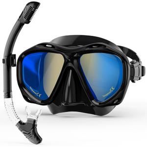 Snorkeling Gear for Adults, Snorkel Mask With Mirrored Tempered Glass Lens 180 Wide View Anti-Fog Scuba Diving Mask, Professional Snorkel Set for Swimming Diving, Gifts for Women Mom Men Dad