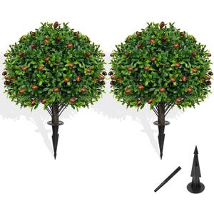 Artificial Boxwood Topiary Tree with Olive, Set of 2 Artificial Shrub Bushes with Ground Spike, Fake Evergreen Tree for Porch, Artificial Plants for Outdoor Planters Indoor UV Resistant