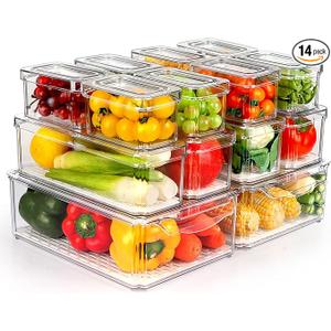 ZIJUND 14 Pack Fridge Organizer, Stackable Refrigerator Organizer Bins with Lids, BPAFree Fridge Organizers and Storage Containers for Fruit, Vegetable, Food, Drinks, Cereals, Clear