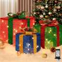 Brightever Set of 3 Christmas Lighted Gift Boxes for Christmas Porch Decor - 10" 8" 6", Plug-in Xmas Present Box in 3 Colors with 70 LED Mini String Lights, Vintage Ornaments Set for Tree Fireplace