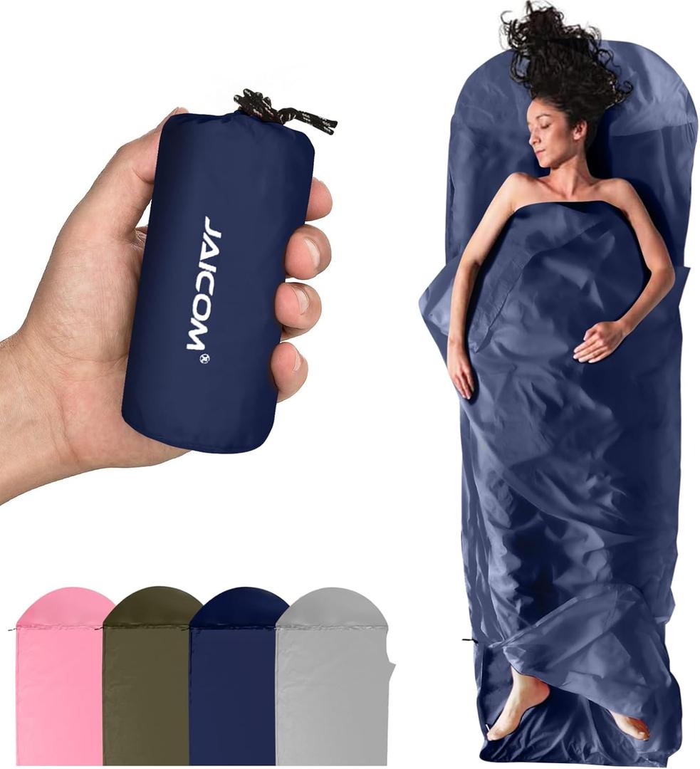 Ultralight Sleeping Bag Liner - 5.3 oz Washable Adult Sleep Sack & Travel Sheets, Self Tan Sleep Sack with Two-Way-Zipper, for Backpacking, Hotel, Camping, Travel (Blue)