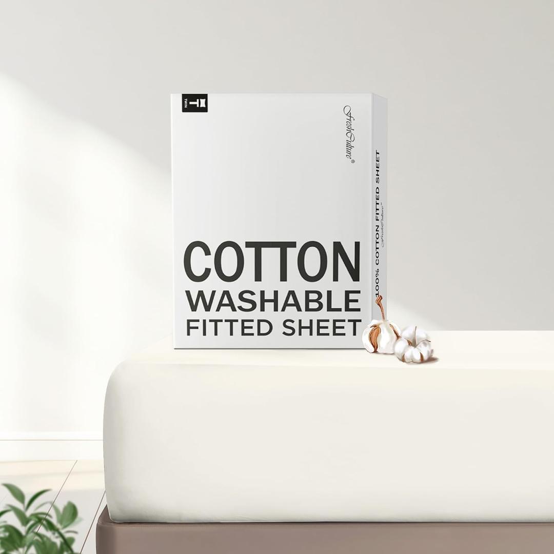 FreshCulture Pure Cotton Fitted Sheets King Size, 300 Thread Count Percale Sheets for King Size Bed, Soft & Breathable Cotton Sheets, Luxury Fitted Sheets Only (King,Ivory)