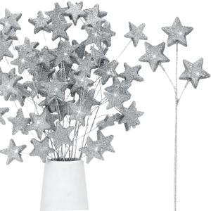 24 Pcs Glitter Star Picks 14.5 Inch Sparkly Star Stem Christmas Star Tree Picks Twinkle Star Sticks Foam Vase Decoration for Christmas Birthday Party Wedding Centerpieces(Silver)
