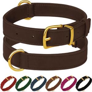 Leather Dog Collar - Heavy Duty Adjustable Soft Padded Pet Collars for Small Medium Large Dogs Breed - Black Green Brown Pink Red Blue (Brown, L, 15"-19" Neck Fit)