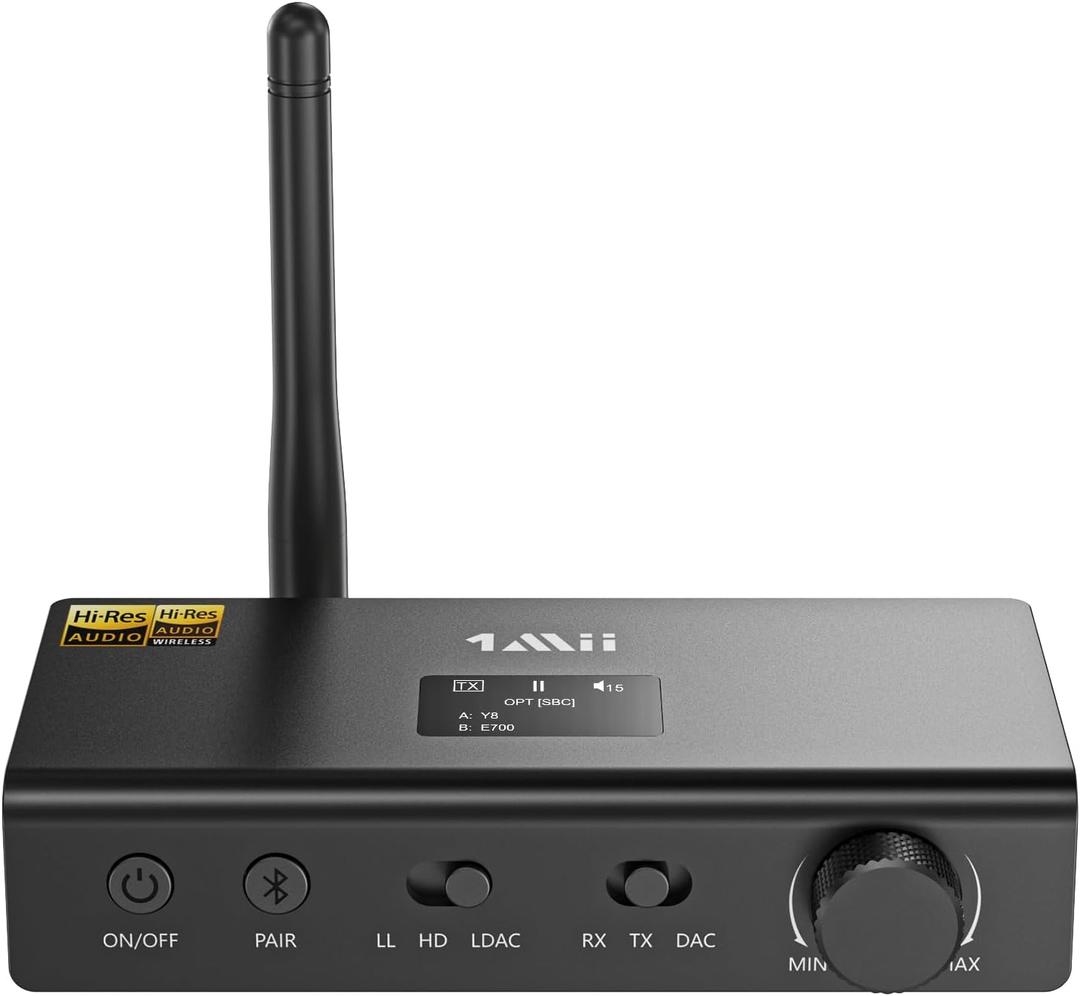 1Mii DS700 HiFi Bluetooth Audio Transmitter Receiver for TV, Long Range Wireless Adapter with Audiophile DAC, LDAC/aptX HD/aptX LL, OLED Display, Optical & Coaxial Input/Output, RCA Output Only