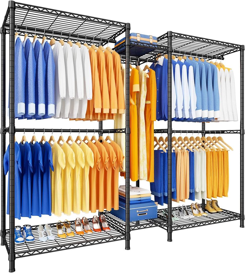 Ulif E12 Clothes Rack, Heavy Duty Freestanding Garment Rack with Shelves Metal Clothing Closet Storage System for Hanging Clothes 71" W x 16" D x 76.5" H, Hold 960 lbs Black