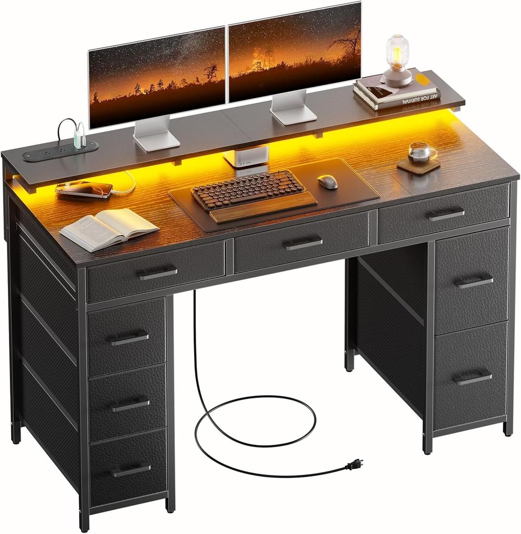 HLDIRECT 47 inch Computer Desk with 8 Storage Drawers, Gaming Desk with LED Lights & USB Power Outlets, Home Office Table with Monitor Stand, Study Writing Work Table for Bedroom, Black, 47" W x 20.5" D x 29" H