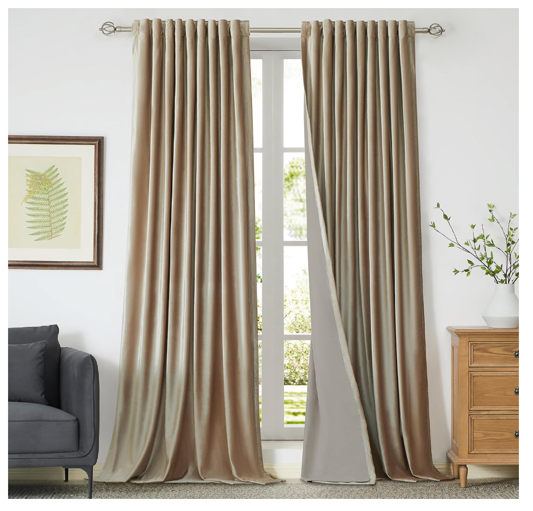 100% Full Blackout Champagne Beige Polyester Velvet Curtains 96 inch Long for Living Room,Set of 2 Liner Rod Pocket Back Tab Thermal Window Curtains Room Darkening Heavy Decor Drapes for Bedroom