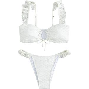 SOLY HUX Women's Ruffle Trim Tie Front Bikini Set Bathing Suits 2 Piece Swimsuit White M