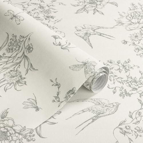 Froluya Floral Peel and Stick Wallpaper Vintage Contact Paper 16.9"x 118.1" Cream White and Gray Wallpaper Peel and Stick Floral Birds Self Adhesive Removable Wall Paper for Bathroom Cabinets Decor