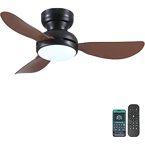 36 Inch Modern Ceiling Fans with Lights, Small Flush Mount Ceiling Fan with Light and Remote/APP Control, 3 Reversible 6 Speeds Curved Blades, 3 CCT Dimmable Lights for Bedroom, Brown