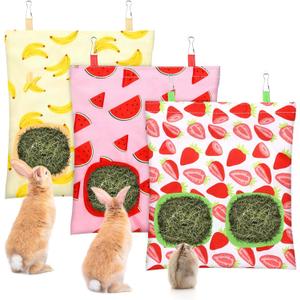 UPINS 3 Hay Bag for Rabbits 2-Hole Hanging Hay Feeder Guinea Pig Hay Bags, Hay Feeder for Rabbits Chinchillas Hamsters Small Pets and Animals(Fruit Pattern) (Red Pink Yellow)