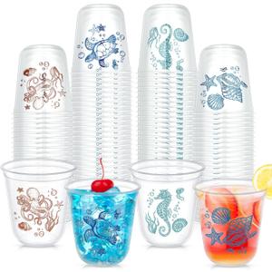 20 Pcs 12 oz Ocean Sea Themed Plastic Stemless Wine Glasses Nautical Disposable Clear Cocktail Cups Turtle Starfish Octopus Conch Shell Drinkware Cup Sets for summer Nautical Party