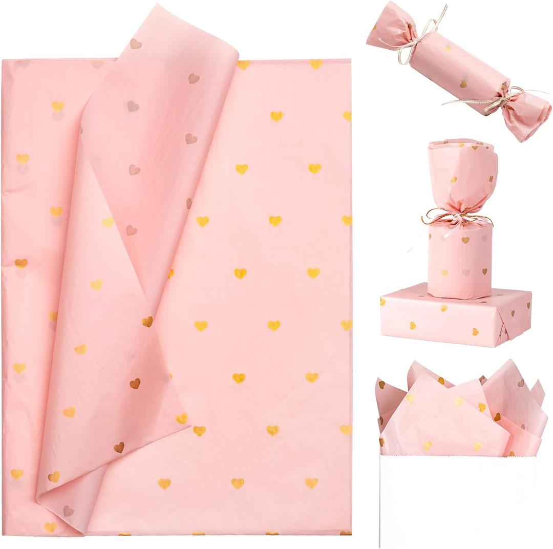 2 x LeZakaa 20 Sheets Valentines Day Tissue Paper, Pink with Gold Heart Pattern, Gift Wrapping Tissue Paper for Wedding, Anniversary, Birthday, Party Decorations (19.7 x 27.6 Inches)