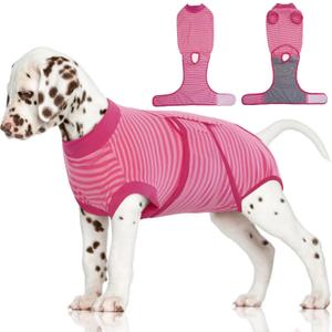 FUAMEY Recovery Suit for Dogs After Surgery,Soft Breathable Dog Bodysuit E-Collar & Cone Alternative Surgical Suit,Male Female Dog Neuter Spay Suits Anti Licking Wounds Onesie Rose Stripes S (S(Back:11.4-13.4in,WT:7-15lbs))
