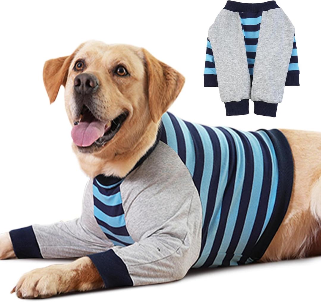FUAMEY Dog Recovery Sleeve with Elbow Protector,Dogs Shirt Stop Licking Joints,Pet Long Sleeve Suit Protecting Dog's Front Leg Arm Wounds Cover Skin Conditions Blue Stripe 2XL (XXL(Weight:88-105lbs))