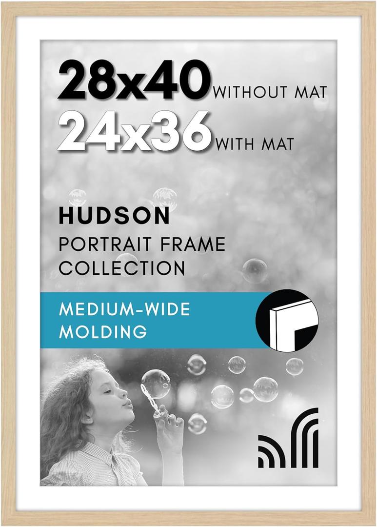 Americanflat 28x40 Poster Frame with Polished Plexiglass - Use as 24x36 Frame with Mat or Display 28x40 Photo Without Mat - Hudson Collection - Wide Picture Frames for Wall Display - Natural Oak