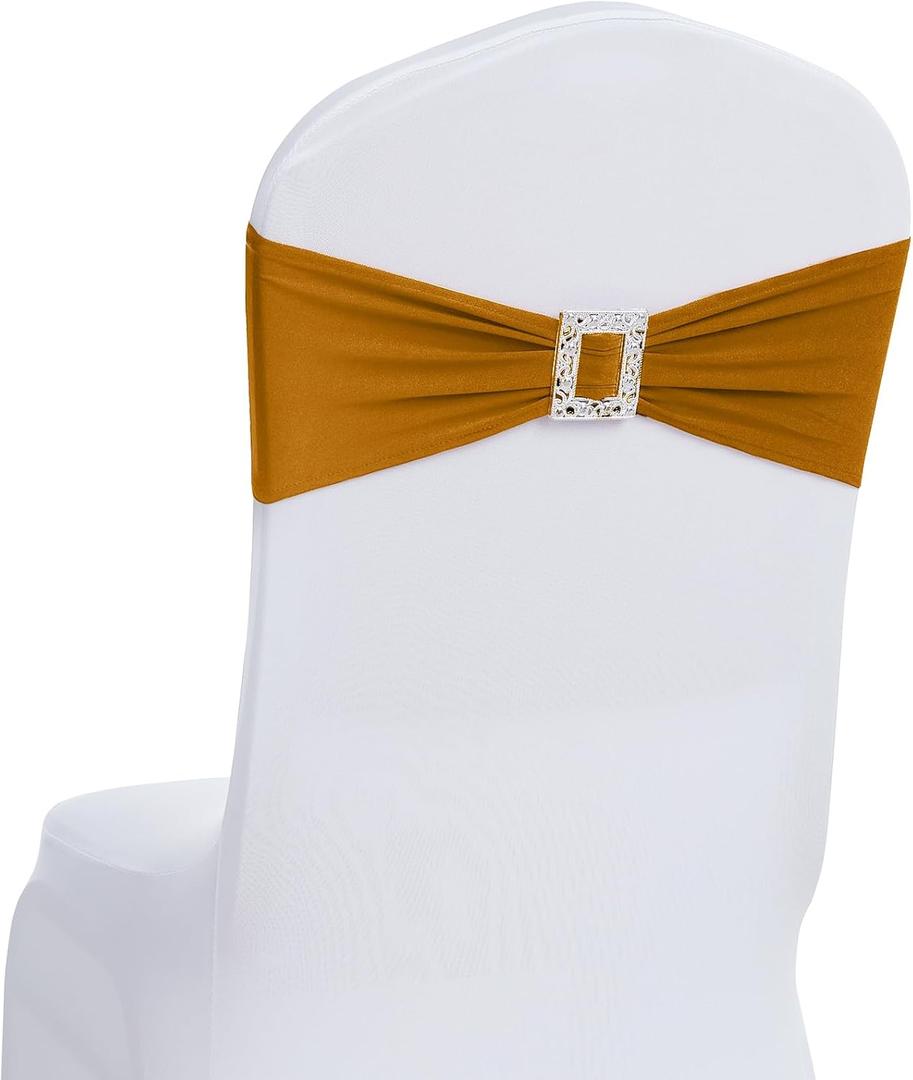 Joccun 120 PCS Spandex Chair Sashes Bows Stretch Chair Cover Band with Buckle Slider Universal Elastic Chair Ties for Wedding Banquet Party Event Decoration (Gold)