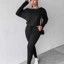 CHICME Women Tracksuit Fall 2 piece Outfits Off The Shoulder Long Sleeve Tops and Pants Set Travel Outfits (Black, L)