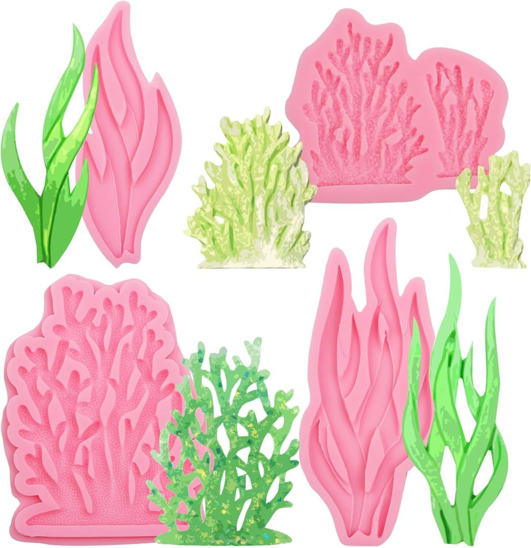 Seaweed Coral Silicone Molds for Cake Decorating, Ocean Theme Fondant Molds, Set of 3 Pink