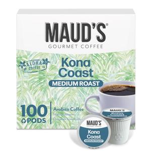 Maud's Kona Coffee Pods, 100 ct, Medium Roast Coffee in Recyclable Single Serve Pods 100% Arabica Coffee, Compatible with Keurig K Cups Maker, 22 October 2027 