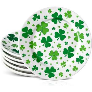 Hushee 6 Pcs St. Patrick's Day Ceramic Shamrock Plates 6 Inch Irish Dessert Platter Serving Plate Clover Leaf Salad Dishes Tableware for St. Patrick's Celebration, Dinner Party, Gift(Cute) (Green, White)
