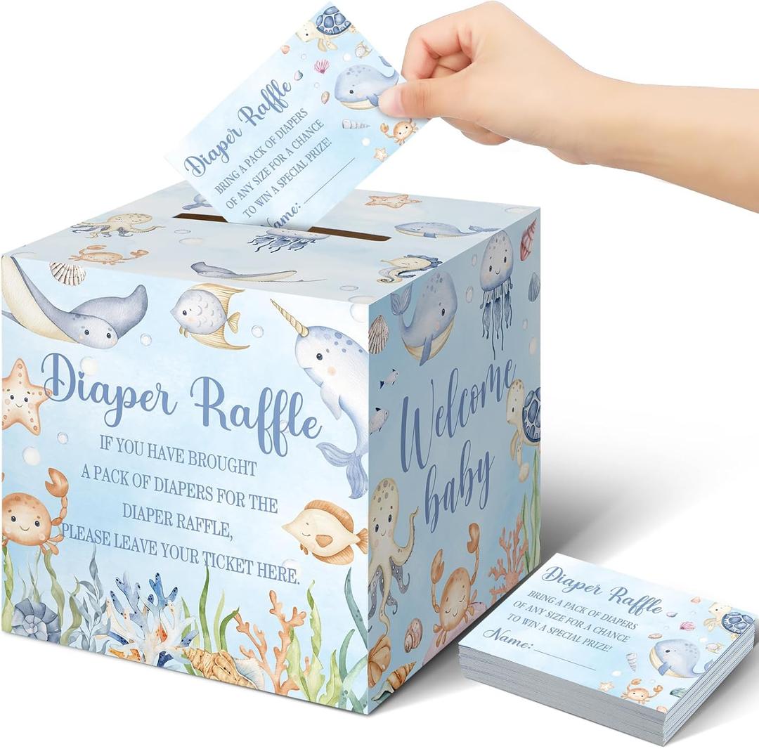 Teling 51 Pieces Diaper Raffle Tickets with Card Box Baby Shower Decorations Baby Shower Holder Box for Girl Boy Diaper Raffle Party(Ocean Animals)