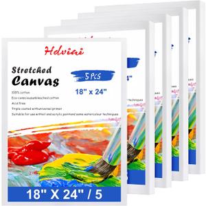 Stretched Canvas for Painting - 18x24 Inch/5 Canvas Value Pack - Triple Primer Acid Free 100% Cotton Blank Canvas for Painting Supplies Oil and Acrylic Pouring Art Watercolor