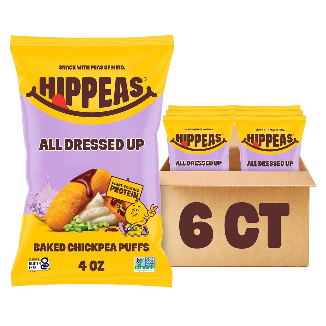Hippeas Chickpea Puffs, All Dressed Up, 6 x 4 oz Bags, Baked Crunchy Chickpea Snacks with 4g Plant Protein, 3g Fiber & 50% Less Fat, Dairy & Gluten Free, Non-GMO, Top 9 Allergen Free (EXP 08/09/26)